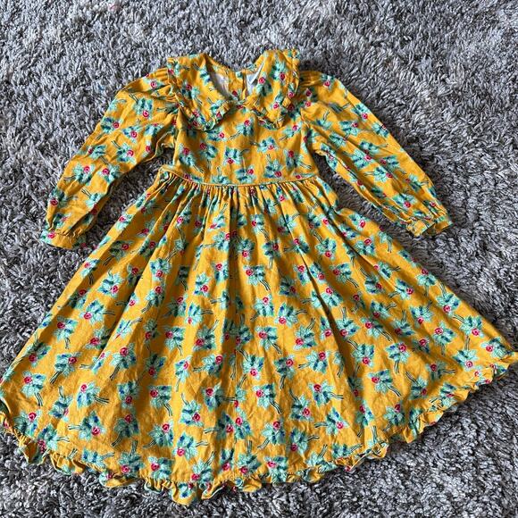 Mousefeathers Mustard Yellow Floral Prairie Ruffle Dress 5 5T Peter Pan Collar - Picture 3 of 8